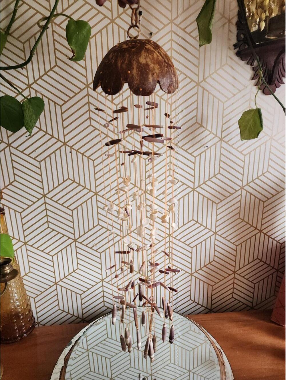 Vintage Natural Seashell Wind Chime Coconut Shell Hanging Coastal Beach Boho